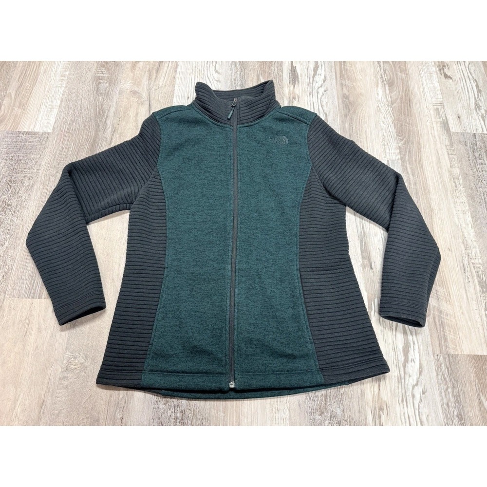 The North Face Jacket Womens LG Green Gray Fleece Full Zip Ribbed Sleeves